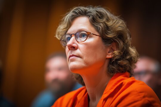 Thoughtful Middle-Aged Female Prisoner Attending a Hearing