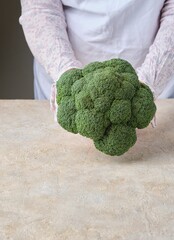 A female chef holds a fresh whole broccoli against a light concrete background. Fresh vegetables.