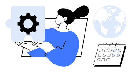 Woman holding a puzzle piece with a gear icon, symbolizing problem-solving. Nearby are a globe and calendar, referencing planning, strategy, global collaboration, and workflow. Ideal for teamwork