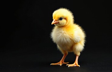 Obraz premium Cute fluffy yellow chick stands on black background. Tiny baby bird has soft downy feathers and orange beak and legs. Newborn poultry animal looks to side. Spring Easter symbol.