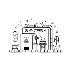 Naklejka premium Illustration of a complex machine with plants and a bowl on a stool in a line art style