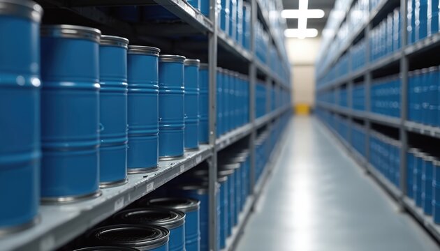Industrial warehouse aisle with rows of shelves stocked with blue paint cans. Large factory storage facility with merchandise inventory. Commercial distribution center with supply chain logistics,