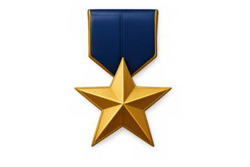 Golden star award medal with a blue ribbon symbolizing military honor, merit, excellence, and success. Transparent background