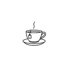 Obraz premium A simple line drawing of a cup of tea with a tea bag and steam on a saucer is centered
