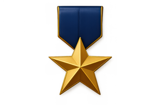 Golden star award medal with a blue ribbon symbolizing military honor, merit, excellence, and success. Transparent background