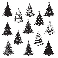 Obraz premium Collection of twelve black silhouette Christmas trees with various decorative patterns and stars