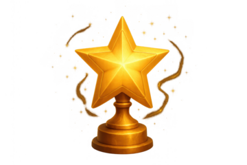 Golden star award on pedestal representing success, winner, achievement, prize, victory, and reward, with transparent background