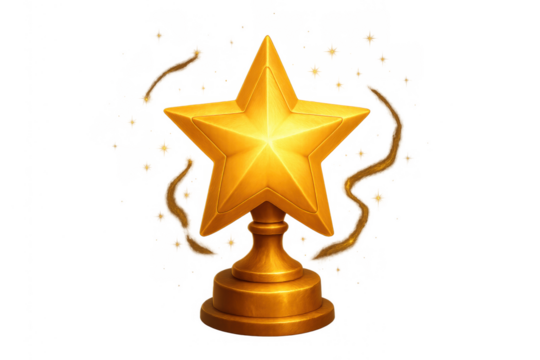 Golden star award on pedestal representing success, winner, achievement, prize, victory, and reward, with transparent background