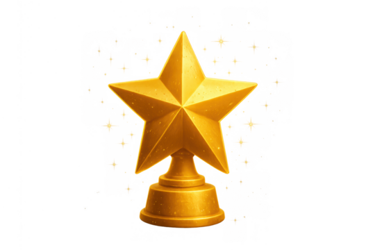 Golden star award on a stand representing winning, victory, achievement, success, and quality, with transparent background