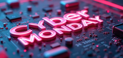 Cyber Monday neon text glows over circuit board. Online shopping event features digital commerce and tech deals. Futuristic abstract background for retail promotion.