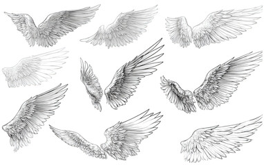 Fototapeta premium Hand drawn set of angel wings in various poses sketch illustration.