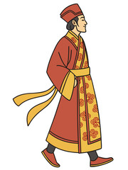 Obraz premium Traditional Chinese man in red costume walking gracefully. Chinese traditional attire features rich textures and symbols representing culture and heritage.