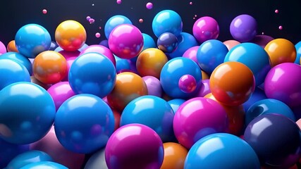 A vibrant, dense cluster of glossy 3D spheres and balloons in neon magenta, blue, purple, and orange move dynamically. Perfect for abstract party backgrounds, celebration, and fun concepts. - Powered by Adobe