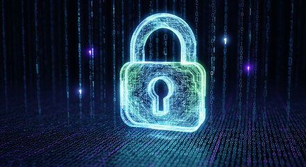 abstract glowing padlock with binary code background — digital IP security