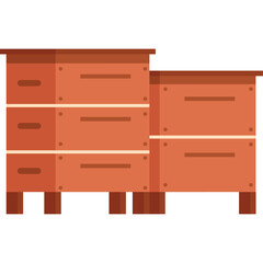 Two stacked wooden beehives with drawers and legs in a flat illustration style and warm brown tones on a transparent background