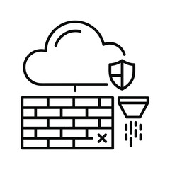 Cloud firewall icon with shield and blocked data, representing network security and data protection
