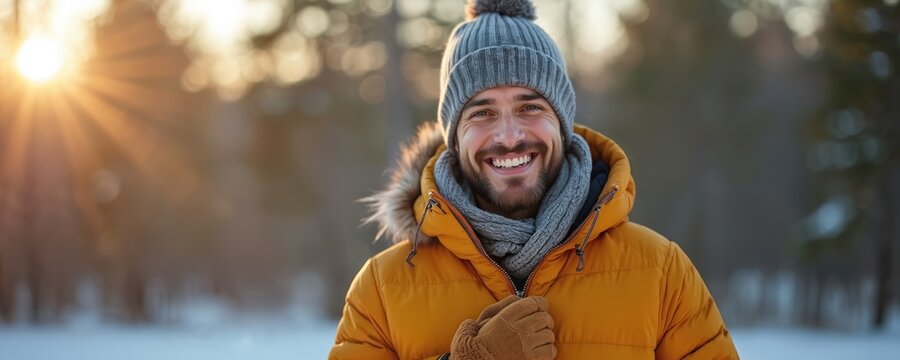 Happy man with beard in warm winter clothes poses for photo in winter park. Smiling person wears hat scarf jacket gloves enjoying daytime outdoors