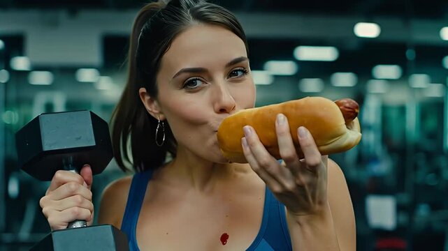 A fit woman lifting a dumbbell while comically eating a hot dog in the gym. This video symbolizes the contradiction between diet and cheat meals, fitness struggle, and humorous lifestyle concepts.