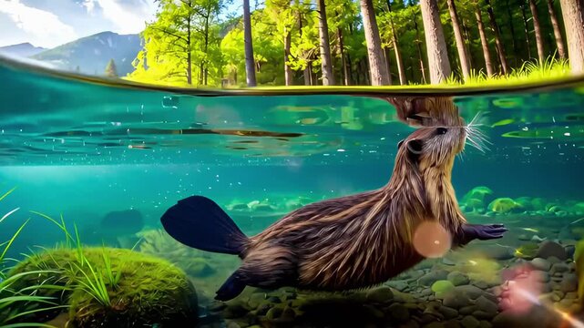 Over/underwater split view of a beaver swimming in crystal-clear forest lake with mountains and pine trees above. Highlights clean nature, wildlife, environment, and sunny adventure.