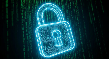 abstract glowing padlock with binary code background — digital IP security