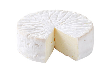 A wheel of brie cheese with a slice cut out