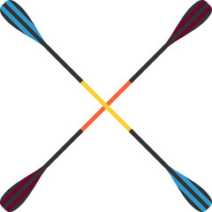 Two Kayak Paddles Crossed With Blue and Burgundy Blades and Colorful Center Shaft in a Stylized Graphic Design
