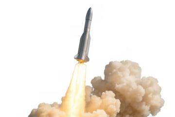 Missile or rocket launching up into sky with fire and smoke trail, military weapon technology with transparent background