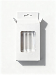 Embalagem vertical de papel branca com janela plástica central, permitindo visualizar cotonetes totalmente brancos alinhados, abas abertas para exposição, fundo branco e design minimalista.