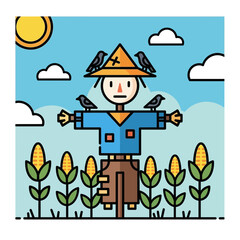 Cartoon scarecrow stands in corn field with birds sun and clouds.