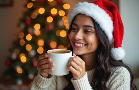 Young Indian woman in Santa hat smiles holding warm mug indoors. Christmas tree bokeh lights twinkle, creating cozy holiday atmosphere during winter break. She enjoys hot chocolate. - Powered by Adobe