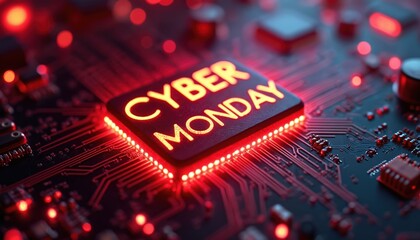 Circuit board glows with red light displaying Cyber Monday text. Electronic components and lines form a tech pattern. Digital sale concept for online shopping.