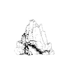 Fototapeta premium Detailed black and white drawing of a rocky mountain formation with visible cracks and crevices on white