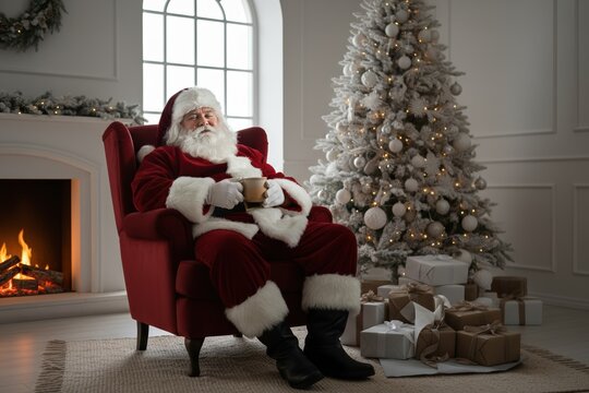 Santa Claus relaxing in a red armchair by a cozy fireplace. Festive home interior with a Christmas tree and gifts. Traditional winter holiday celebration