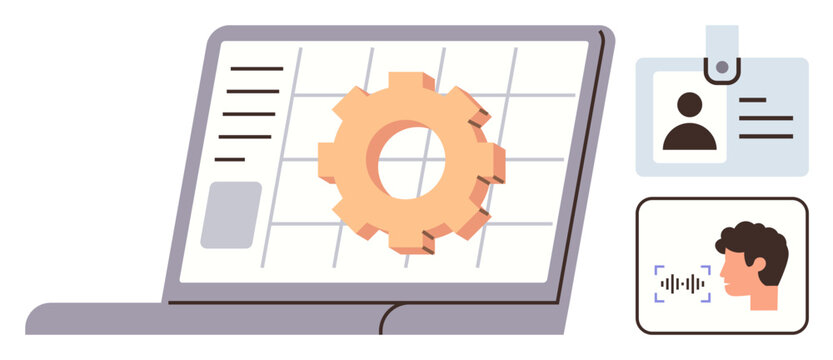 Gear on laptop screen, ID badge, voice recognition profile. Ideal for technology, security, authentication, identity, data management automation workflow. Modern flat metaphor