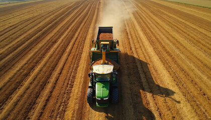 Aerial view shows large green farm tractor pulling modern root crop harvester. Machine efficiently loads fresh sugar beets into heavy transport truck. Farming process occurs during busy autumn
