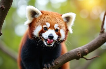 Red panda sticks out tongue, sits on tree branch, looks at camera. Cute wild mammal, furry red orange brown fur, long tail, white face markings, black belly. Funny animal face.