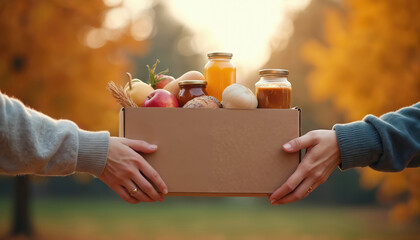 Hands exchange food box during autumn. People share groceries for thanksgiving or charity event. Giving generosity kindness harvest season community help.
