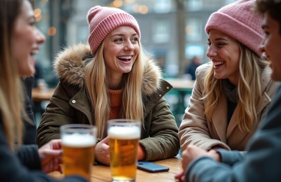 Group of happy young friends enjoying craft beers at a pub in winter. They laugh and talk, creating a lively, fun atmosphere. People relax together at tables with drinks.
