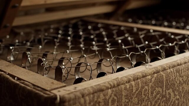 This video shows the deconstruction of an old, worn sofa. The torn fabric reveals the inner padding and metal springs.