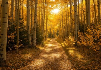 Naklejka premium Sunlight filtering through brilliant yellow aspen forest, illuminating a peaceful dirt trail covered in fallen gold leaves ,autumn, dirt, nature