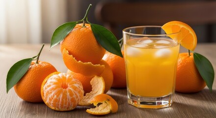 Refreshing glass of vibrant orange juice with ice, perfect for a healthy lifestyle promotion