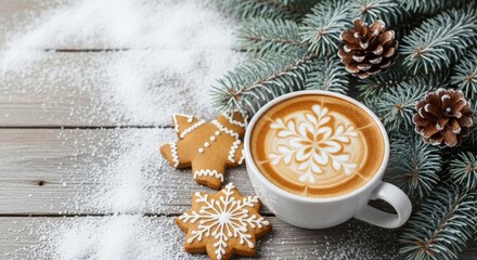 Enjoy a cozy winter morning with gingerbread cookies and artful latte, perfect for holiday cheer and seasonal warmth
