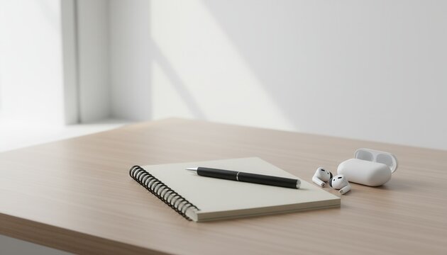 Closeup of a notebook, pen, and wireless earbuds on a modern wooden desk. Minimalist home office or study concept with copy space