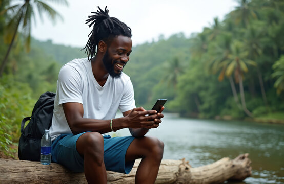 Smiling young black man sits on long log by jungle river, using smartphone. Enjoys fresh air, nature, staying connected to digital world. Happy hiker relaxes on travel journey in tropical outdoors.