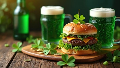 Burger with cheese and lettuce sits on wooden board. Two glasses of green beer, shamrock leaves, and gold coins surround it, celebrating St Patricks Day.