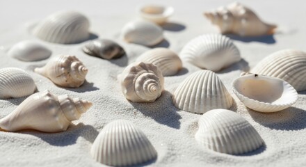 Dreamy collection of seashells on pristine white sand evokes seaside memories and summer vacation bliss