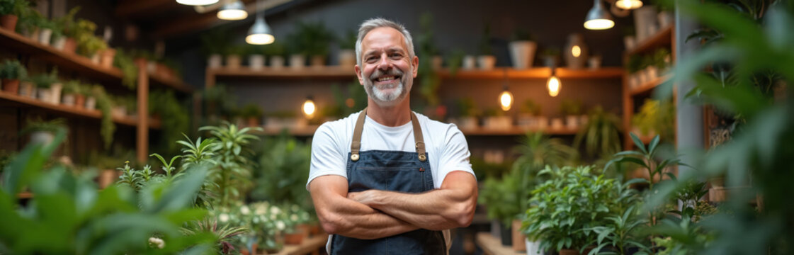 Mature man with grey beard, hair standing in plant shop with crossed arms. Happy smiling florist garden center owner in apron surrounded by green plants, flowers. Indoor botanical store with shelves, - Powered by Adobe