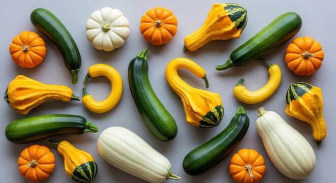 Festive autumn harvest vegetable assortment featuring zucchini, squash, and decorative gourds