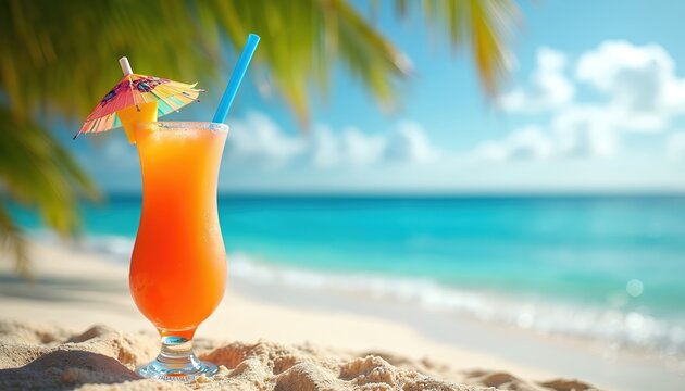 Orange cocktail on beach with blue straw and umbrella. Tropical drink on sandy shore with palm trees. Ocean waves in background. Summer vacation relaxation with refreshing citrus cocktail.