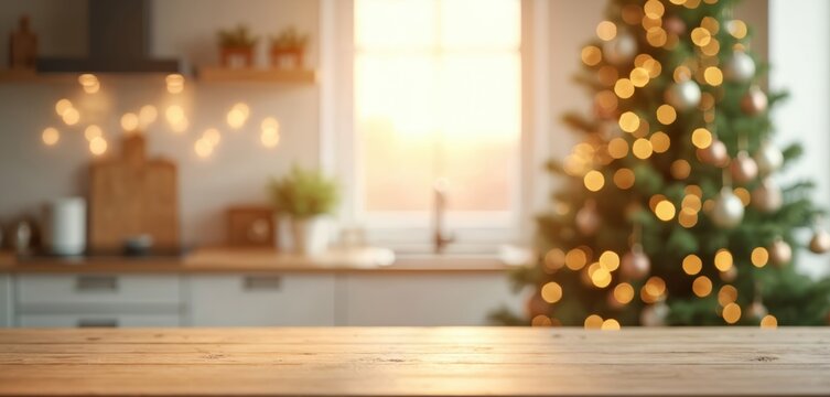 Empty wooden table in a cozy kitchen. Blurred Christmas tree with warm lights and ornaments creates festive holiday atmosphere. Sunlight streams through the window.